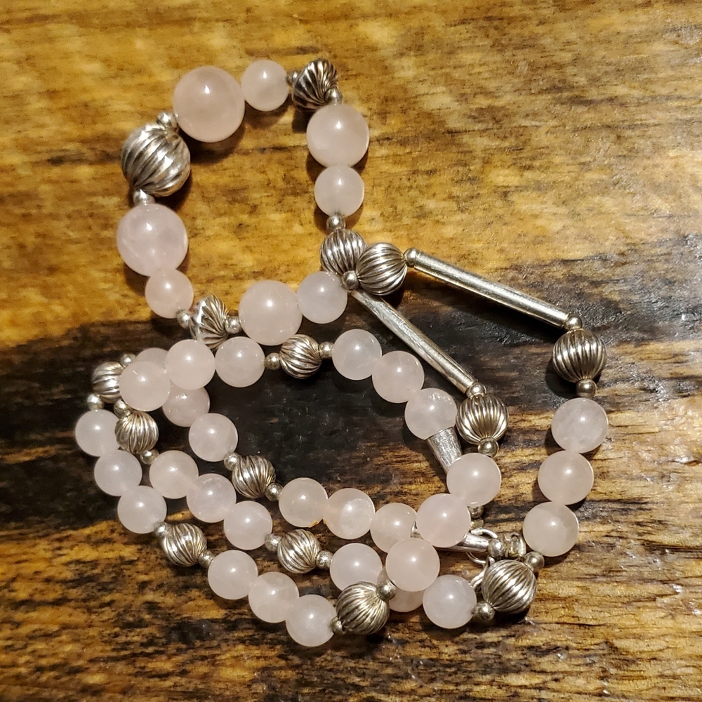 Vintage Sterling Old Pawn Navajo Pearls Rose Quartz Stone 22" Necklace Silver